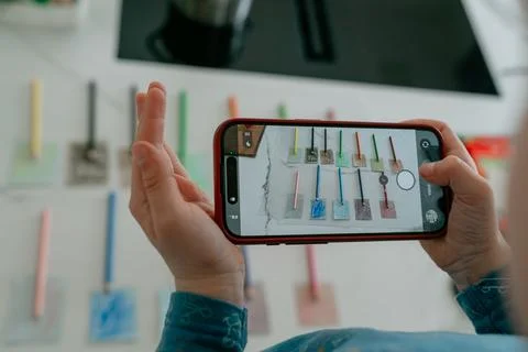 Person photographing objects with smartphone indoors. Blogging, content creation Фото