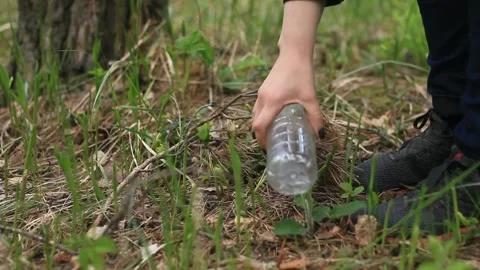 Person picks up a trash by hand in the forest. Plastic bottle. close up. Stock Footage 109343633