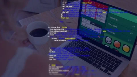 Person placing coffee mug down, typing and updating laptop dashboard while code Stock Footage 333609825