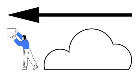 Person placing data box into cloud storage with large black arrow pointing le Illustrazione stock