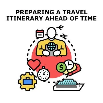 Person planning global trip, preparing travel itinerary 库存插图