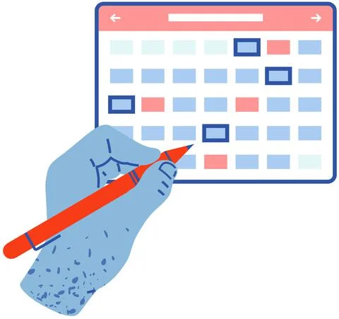 Person planning schedule, marking dates in calendar. Employee works to create Illustrazione stock