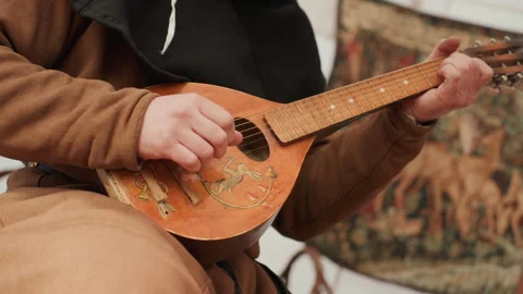 Person playing stringed instrument in indoor setting with patterned fabric Stock Footage 345677957