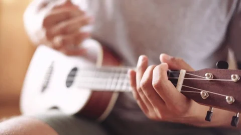 Person playing on ukulele guitar inside 動画素材 80020406