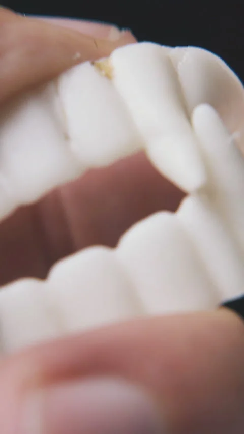 Person plays with funny vampire teeth on black background Stock Footage 317385409