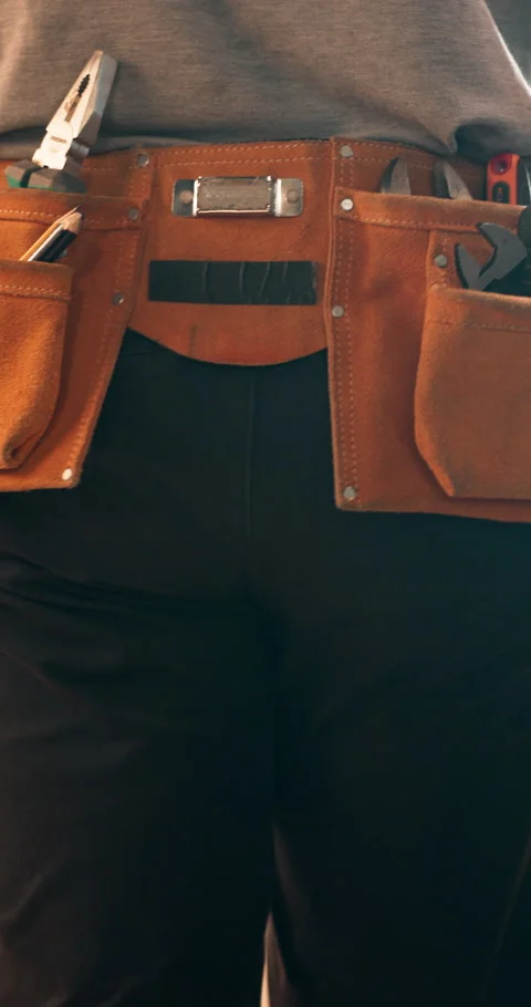 Person, plumber and walking with tools in holster for repair, fixing or Stock Footage 340902984
