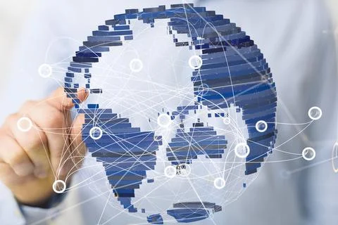 A person pointing at 3D render of global network and data exchanges over the  Foto stock