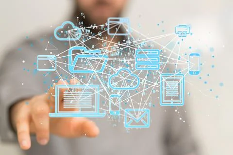 Person pointing at 3D rendering of data Internet infrastructure Stock Photos