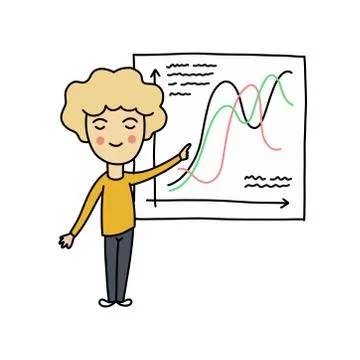 Person pointing at a board with graphs doodle icon, vector color illustration Stock Illustration