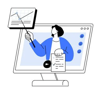 Person pointing at a chart on a screen, explaining data. Ideal for online lea 스톡 일러스트