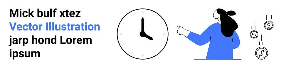 Person pointing at a clock with falling coins around. Placeholder text in blu イラスト素材