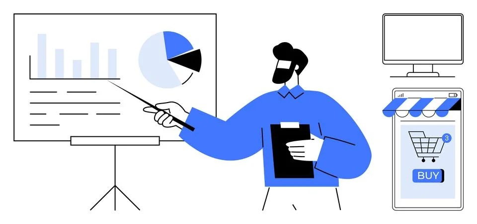 Person pointing at data chart with graphs. Digital display showing shopping c Illustrazione stock
