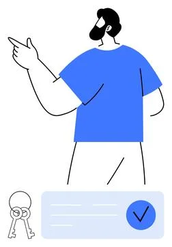 Person Pointing with Keys, Document, and Check Mark in Front - Decision Mak.. Stock Illustration