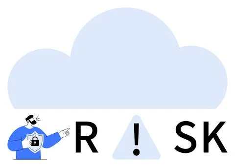 Person pointing at risk warning, large cloud backdrop, exclamation triangle.  Stock Illustration