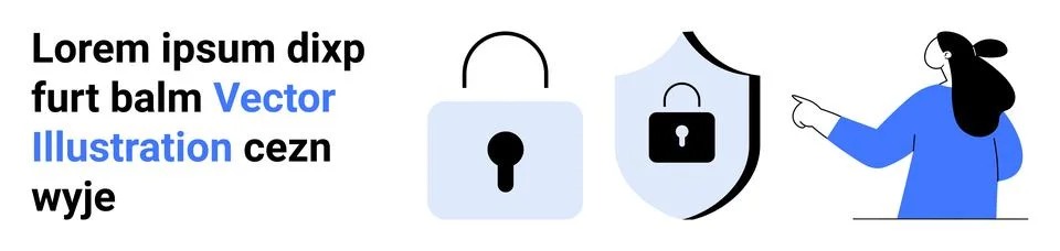 Person Pointing at Security Elements such as Padlock and Shield with Lock Stock Illustration