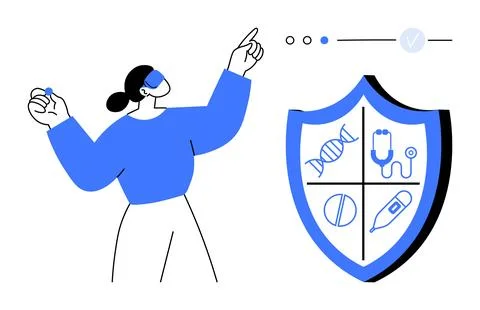 Person pointing at shield divided into four quadrants with a DNA strand, stet Stock Illustration
