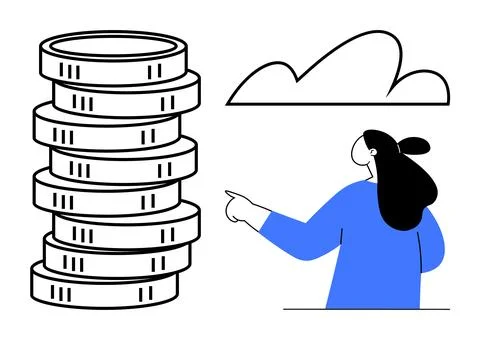 Person Pointing to a Stack of Coins Under a Cloud Stock Illustration