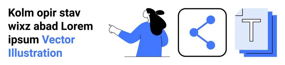 Person pointing at text block, share icon, and text document icon. Ideal for  Illustrazione stock