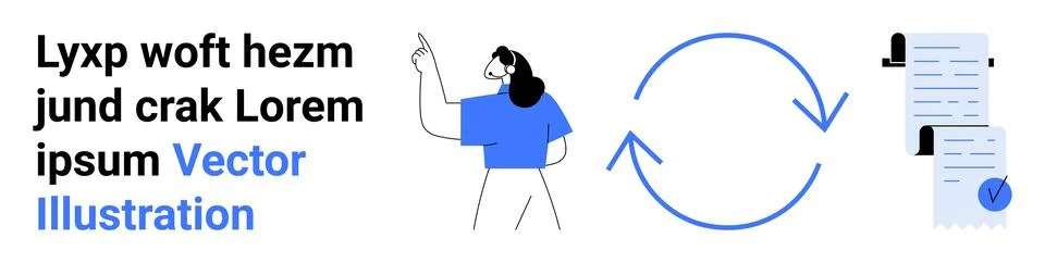 Person pointing at text, circular loading icon representing continuous flow,  イラスト素材