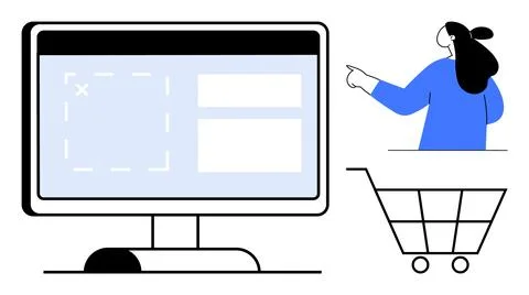 Person pointing toward a computer screen displaying a website interface next  Stock Illustration