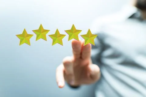 Person pointing towards a 3D rendered star rating Stock Illustration