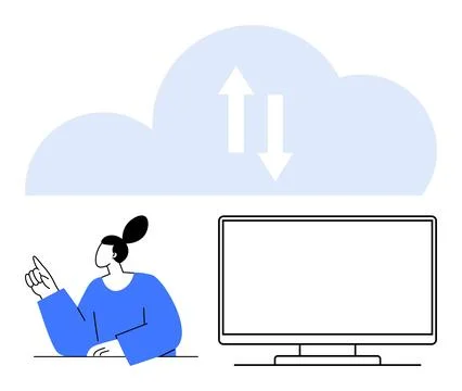 Person pointing towards cloud with up and down arrows beside a computer monit Stock Illustration
