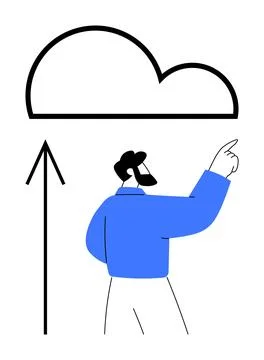 Person Pointing Towards Cloud Storage Icon Conceptualizing Data Upload or C.. Illustrazione stock
