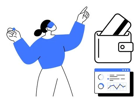 Person pointing upwards while viewing data charts on a screen, a large wallet Stock Illustration
