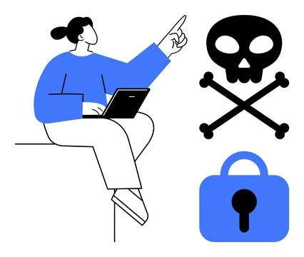 Person Pointing While Working on Laptop with Security and Threat Symbols Near イラスト素材