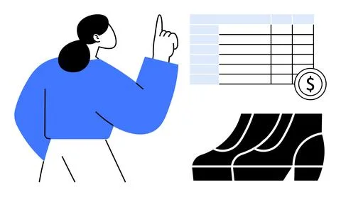 Person points at a chart with financial data and shoes below, emphasizing ana Stock Illustration
