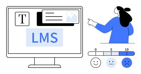 Person points at a computer screen displaying LMS elements. emotion feedback  Illustrazione stock