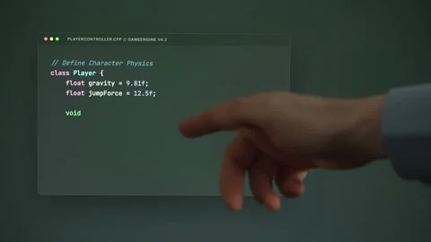 Person points at conceptual game physics code. Stock Footage 334040086