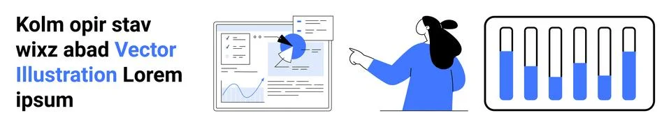 Person points at data on screen emphasizing analytics with blue color scheme  Illustrazione stock