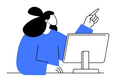 A person points at a screen while sitting at a desk. The image represents onl Stock Illustration
