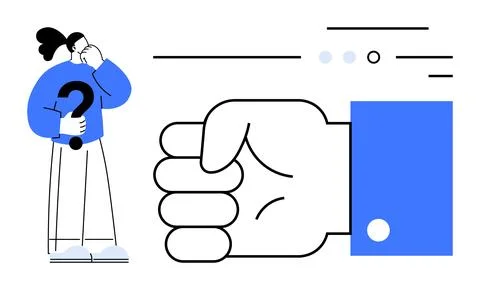 Person pondering a large question mark, facing a giant clenched fist on the r Illustrazione stock