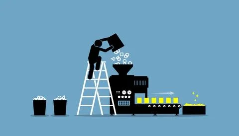 Person pouring and loading raw data into a machine and convert the data into  イラスト素材