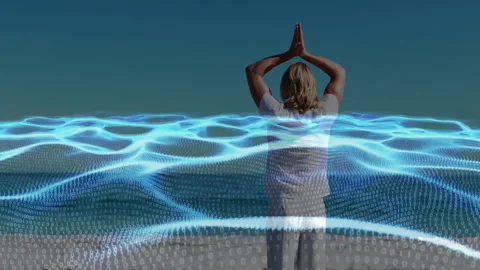 Person practicing yoga with digital wave and binary code animation overlay Video stock 305487538