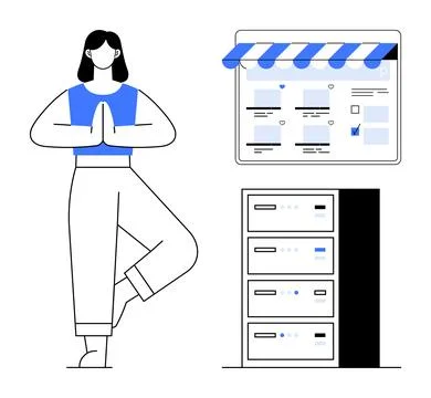 Person practicing yoga poses, web interface under a canopy, and a server rack Stock Illustration