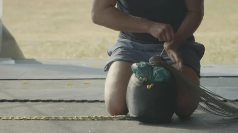 Person Preparing Packed Parachute On The Ground Before Skydiving Activity. Stockbeeldmateriaal 247479674