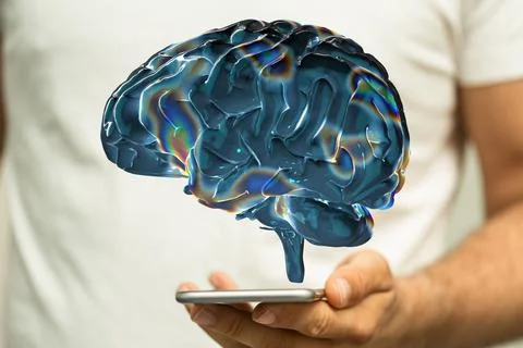 Person presenting the 3D render of an artificial brain intelligence and creativi Stock Photos