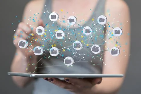 Person presenting 3D render of Augmented Analytics Data cloud storage network Stock Photos