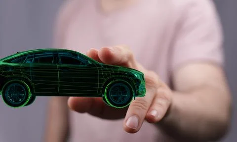 Person presenting a 3D render of autonomous driving with an electric car Stock Photos
