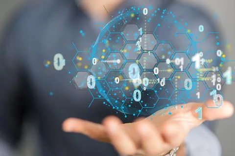 Person presenting a 3D render of cloud computing elements Stock Photos