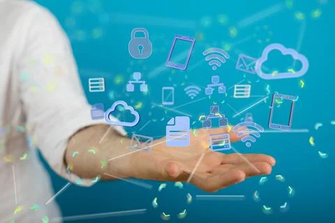 Person presenting a 3D render of Cloud Technology to Send and Receive Files 写真素材