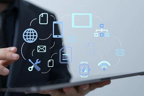 Person presenting a 3D render of Cloud Technology to Send and Receive Files Stock Photos