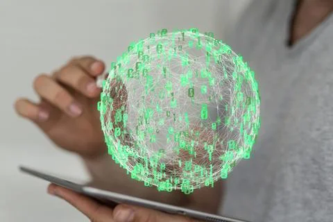 Person presenting a 3D render of cloud storage and computing icons Stock Photos