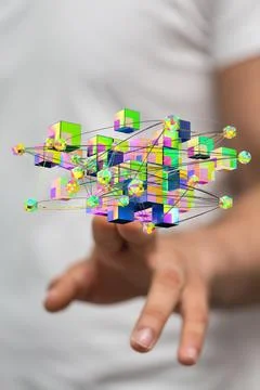 A person presenting a 3D render of cloud connected to many objects on a virtu Stock Photos