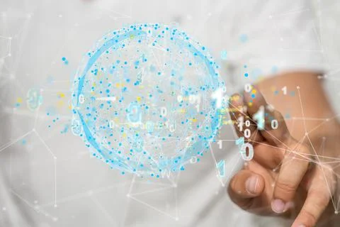 Person presenting a 3D render of cloud computing elements Stock Photos