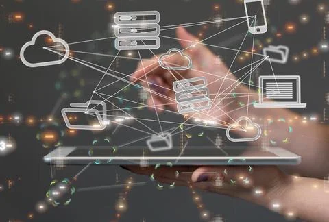 Person presenting a 3D render of code data icons 스톡 사진