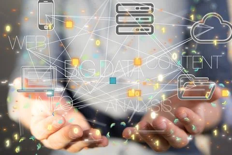 Person presenting a 3D render of code data icons 스톡 사진